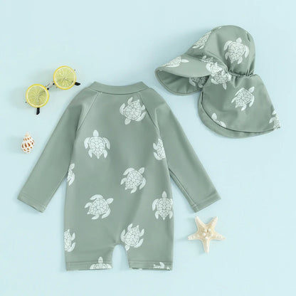 Baby Boy Swimming Suit Baby Swimsuit 3 6 12 18 24M 2T 3T Infant Toddler Boys Swimwear Zipper Long Sleeve Rash Guard with Hat