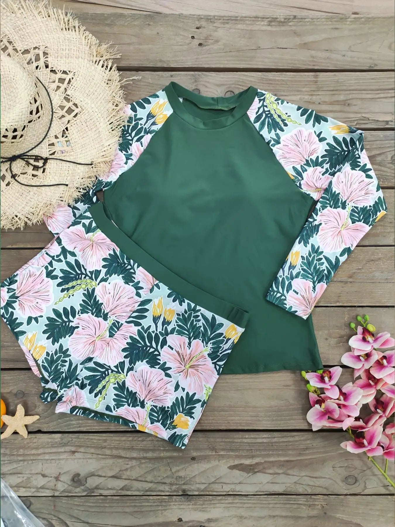 Women's Long Sleeves Tankini Swimwear, Solid Printed Boxers Swimsuit Bathing Suit, Beachwear, Plus Size