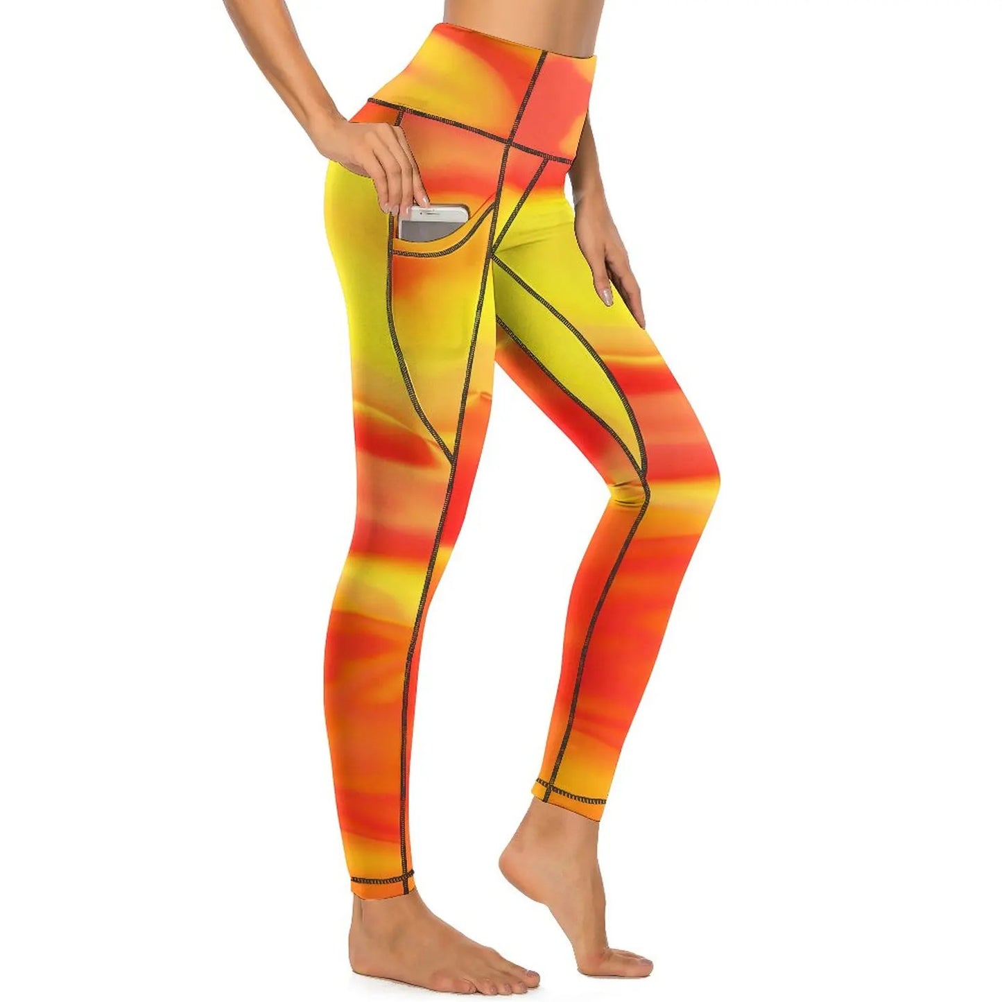 Red Fire Yoga Pants Pockets Abstract Print Leggings Push Up Kawaii Yoga Sports Tights Quick-Dry Workout Gym Leggins