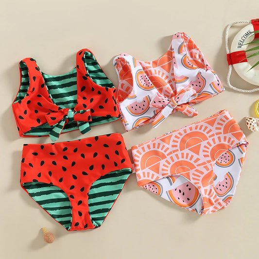 0-4Y Toddler Kid Girl Bikini Sets Swimsuit Sleeveless Watermelon/Flowers Print Beach Swimwear Vest + Briefs