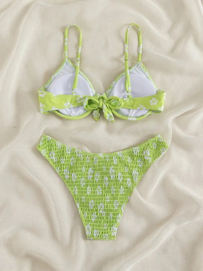 Strappy Bikinis Ribbed Solid Swimsuit Women Push Up Swimwear Female Bathers Bathing Swimming Suit Printed Beachwear Summer