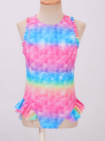 Kids Girls Mermaid Swimsuit Sleeveless Fish Scales Print Ruffle Flounce Jumpsuit Bathing Suit Pool Beach Athletic Swimwear