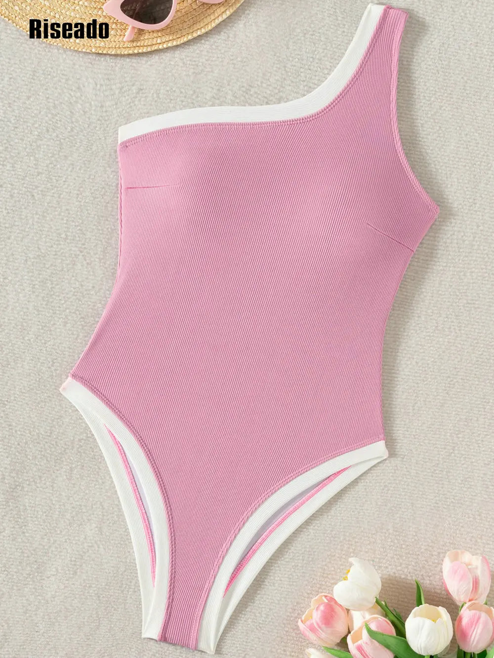 One Shoulder Swimsuit High Cut Women Ribbed Pink Bathing Suit Cutout 1 Piece Slimming Thong Swim Suit