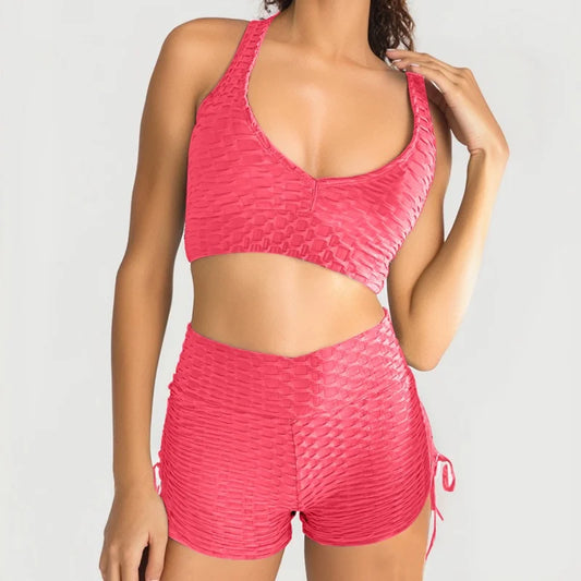 Bra Shorts Yoga Set Workout Sets for Women 2 Piece Seamless Crop Tank High Waist Shorts Yoga Outfits Drawstring