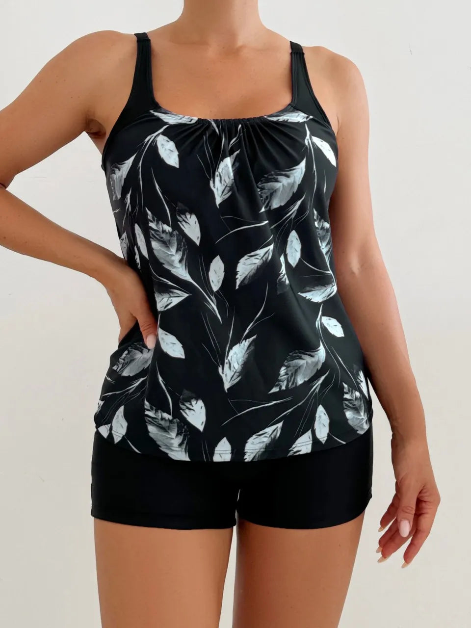 Strappy Tankini Leaf Printed Swimsuit Women Two Pieces High Waist Shorts Swimwear Female Bathing Swimming Suit Beachwear