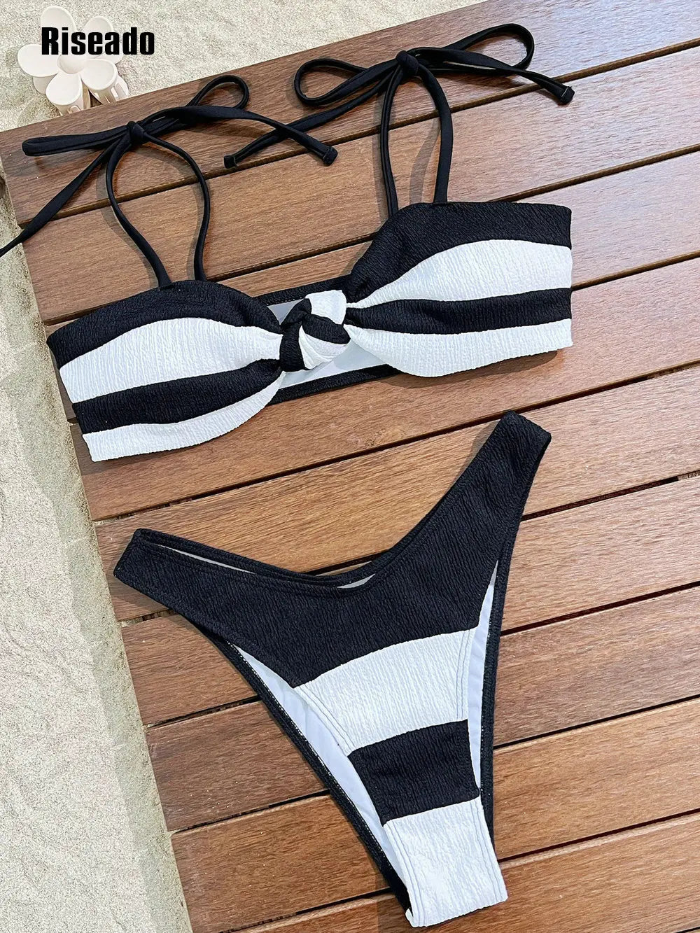 Bikini Set for Women Striped Knot Front Push Up High Leg Thong Two Piece Swimsuit