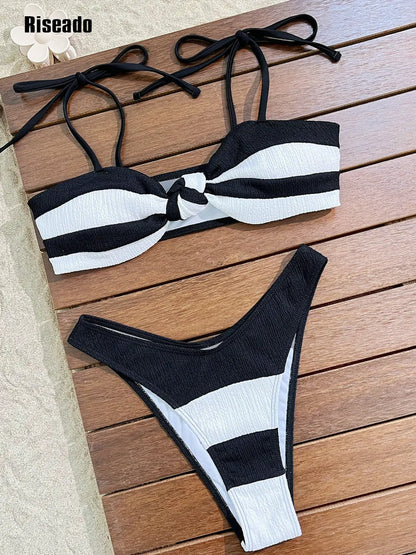 Bikini Set for Women Striped Knot Front Push Up High Leg Thong Two Piece Swimsuit