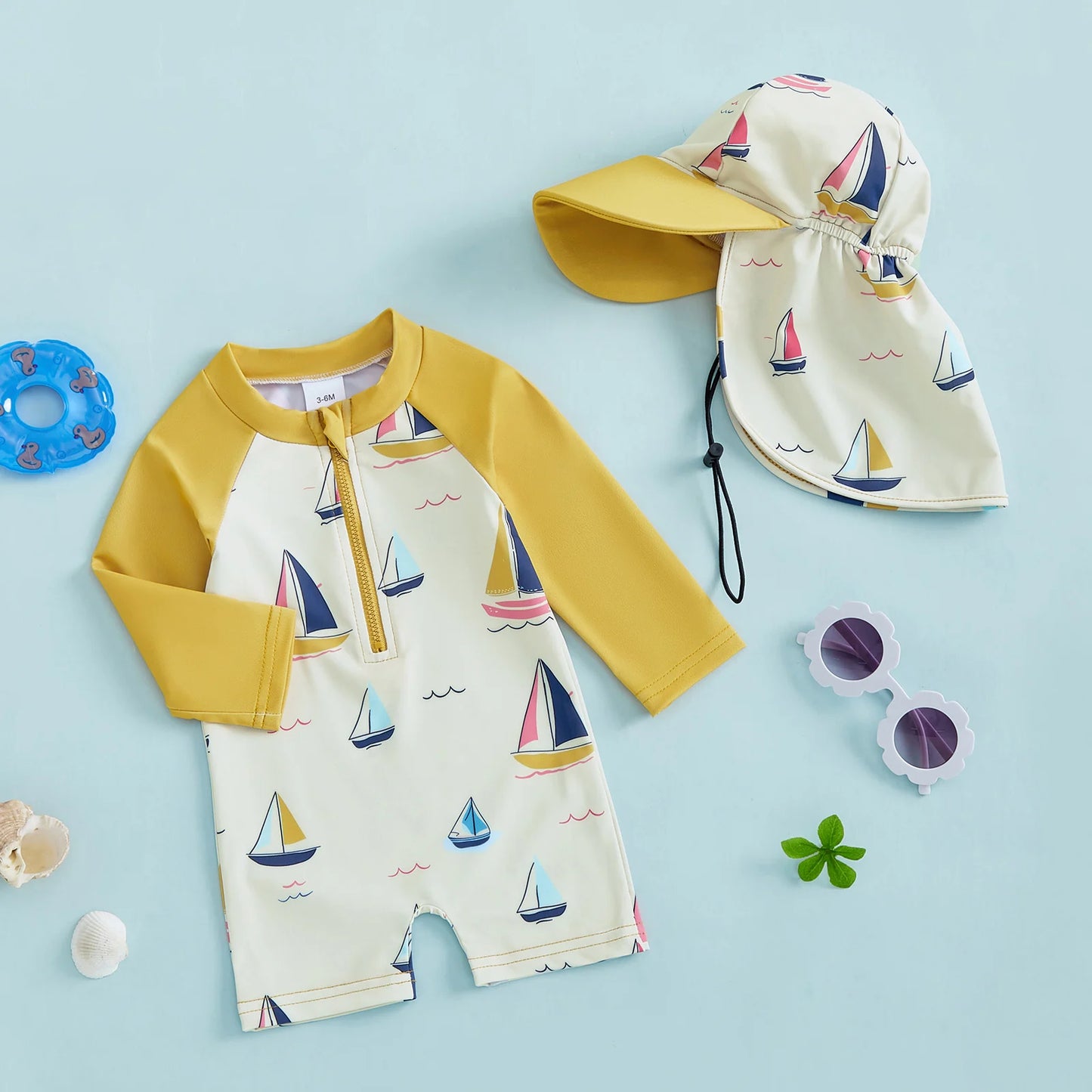 Children Swimsuit with Caps Fashion Sailboat Print Zip Up Long Sleeve Crew Neck Baby Boy Girl Swimwears Beach Wear