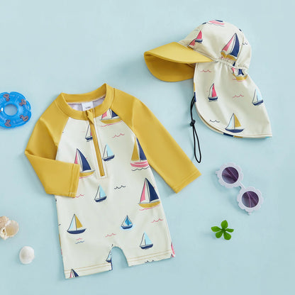 Children Swimsuit with Caps Fashion Sailboat Print Zip Up Long Sleeve Crew Neck Baby Boy Girl Swimwears Beach Wear