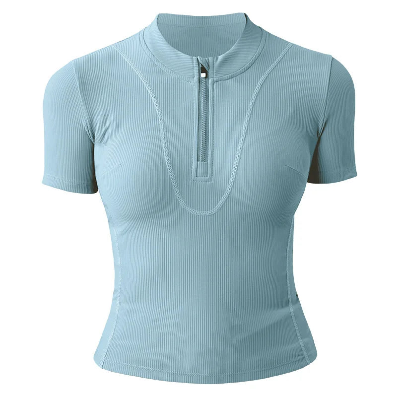 Aiithuug Women Slim Fit Gym Shirts Half Zip Workout Tops Quarter Zip Fitness Shirt Running Quicky Dry Short Sleeve Yoga Tops