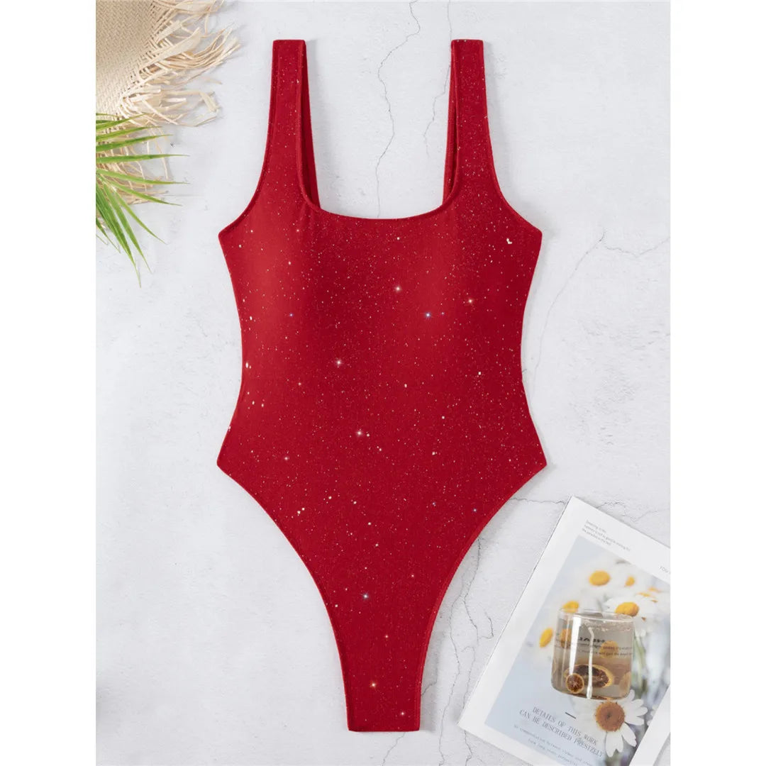 Glitter Sparkling Cut Out Backless One Piece Swimsuit Women Swimwear Female High Cut Leg Padded Bather Bathing Suit Swim