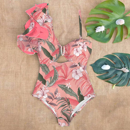 Ruffle Print Floral One Piece Strappy One shoulder Swimwear Women Swimsuit Bathing Suit Backless Beachwear Monkini