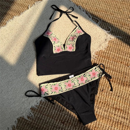 Flowers Printed V Neck Halter Bikini Female Swimsuit Women Swimwear Two-pieces Bikini set Padded Bather Bathing Suit Swim