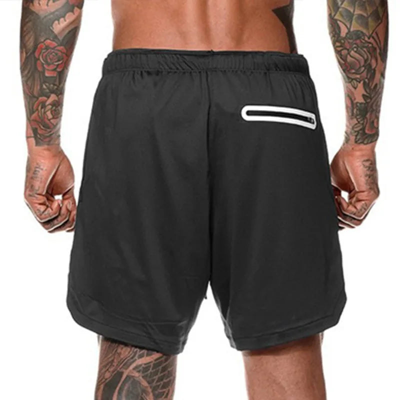 European Men's Sports Summer Double Layer Mobile Phone Pants Gym Exercise Jogging Training Shorts