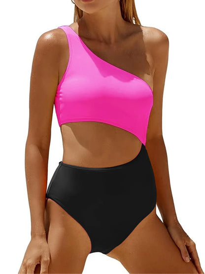 One Shoulder Solid One Piece Swimsuit Women Color Block Hollow Swimwear Female Bathers Bathing Swim Suit Padded Beachwear