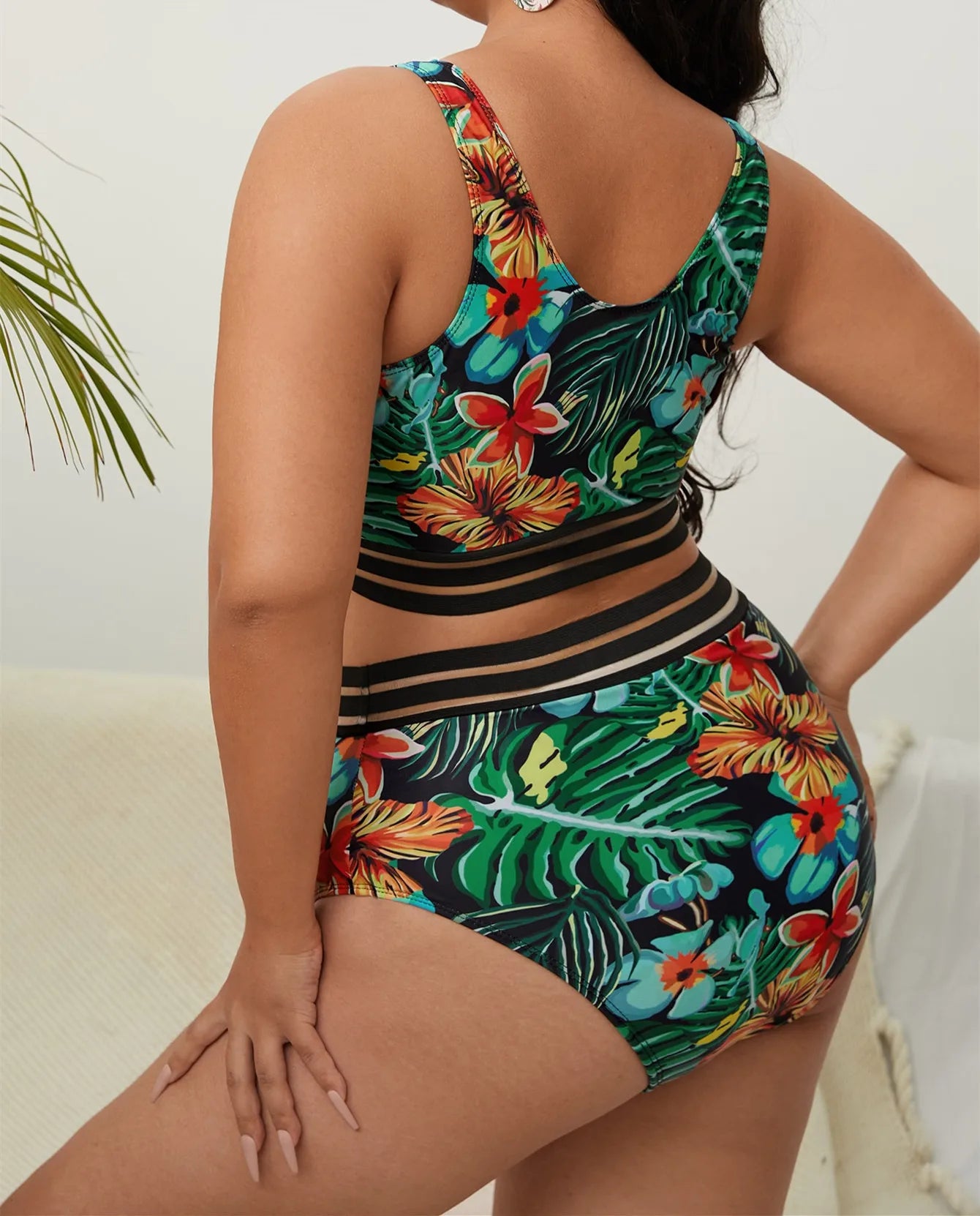 Large Floral Print Swimwear Women Plus Size V Neck Separate Swimsuit 2 Piece High Waist Bikini Set Bathing Suit