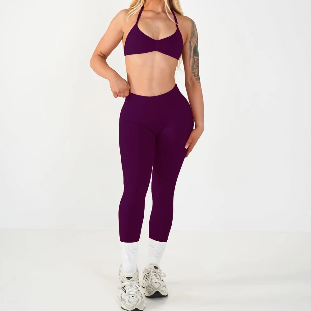 2PCS Seamless Yoga Set Women Workout Scrunch Leggings Strappy Sports Bra Fitness Gym Clothing Workout Set XP389