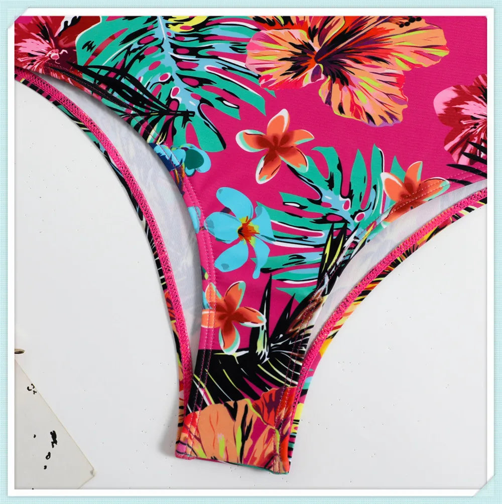 Solid Bandeau Bikini Set Women Tropical Printed Swimwear Female Push Up Swimsuit High Waist Bathing Suit Tie Back Beachwear