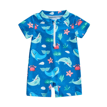FOCUSNORM 2 Colors Summer Baby Boys Beachwear 0-3Y Short Sleeve Turtle Dolphin Print Swimsuit Jumpsuit Summer Swimwear