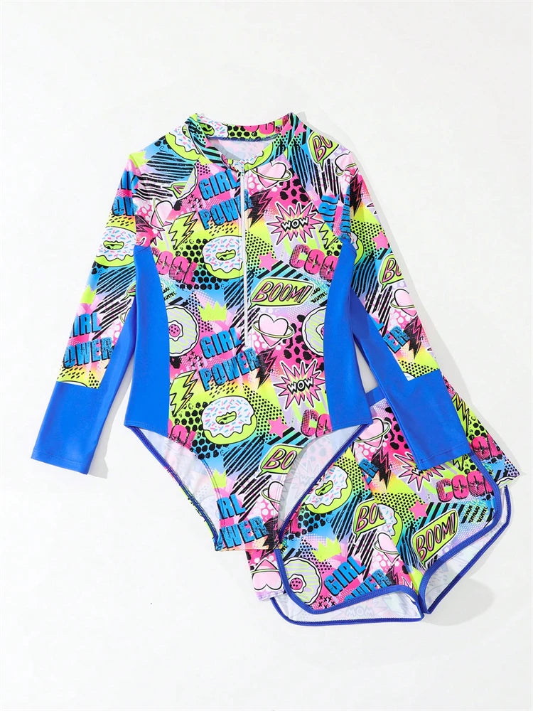 Two Piece Swimsuit Girls Kids Print Long Sleeve Zipper Children Swimwear Summer Bodysuit Shorts Bathing Suits Swimming