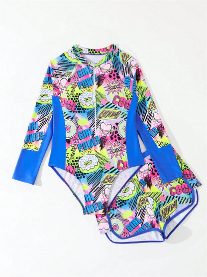 Two Piece Swimsuit Girls Kids Print Long Sleeve Zipper Children Swimwear Summer Bodysuit Shorts Bathing Suits Swimming