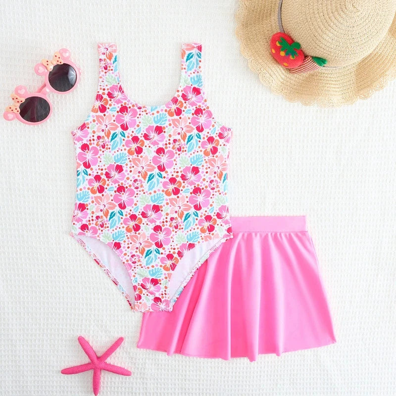 Girls Swimsuit One Piece With Beach Skirt Floral Printed Kids Swimwear Pink Children Swimming Bathing Swim Suit Beachwear