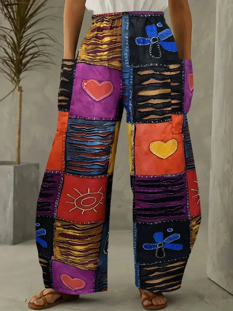 Retro Abstract Rock Print Women's Loose Casual Bloomers, Harajuku Street Trend Women's Pants, Outdoor Casual Double Pocket Pants