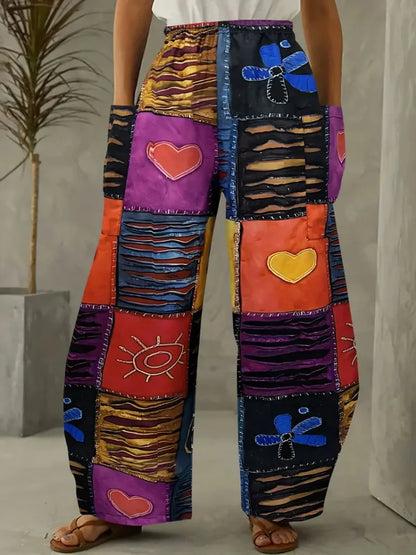 Retro Abstract Rock Print Women's Loose Casual Bloomers, Harajuku Street Trend Women's Pants, Outdoor Casual Double Pocket Pants