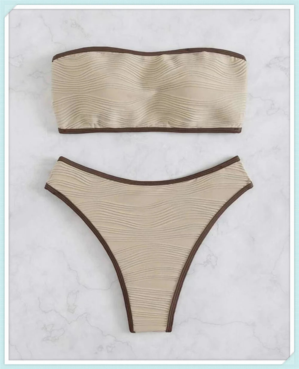 Bandeau High Waist Bikini Women Triangle Swimsuit Stitch Detail Swimwear Padded Bathing Suit Female Solid Beachwear