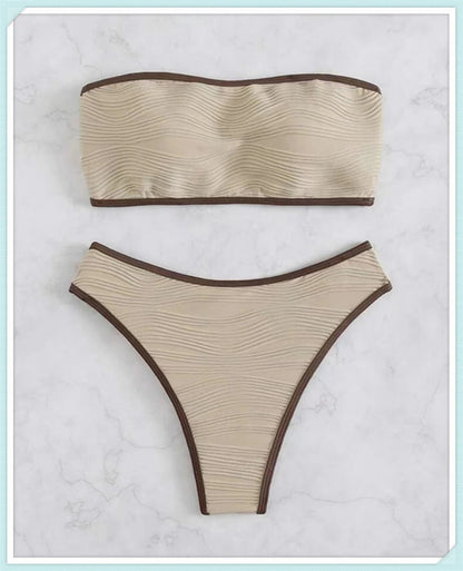 Bandeau High Waist Bikini Women Triangle Swimsuit Stitch Detail Swimwear Padded Bathing Suit Female Solid Beachwear