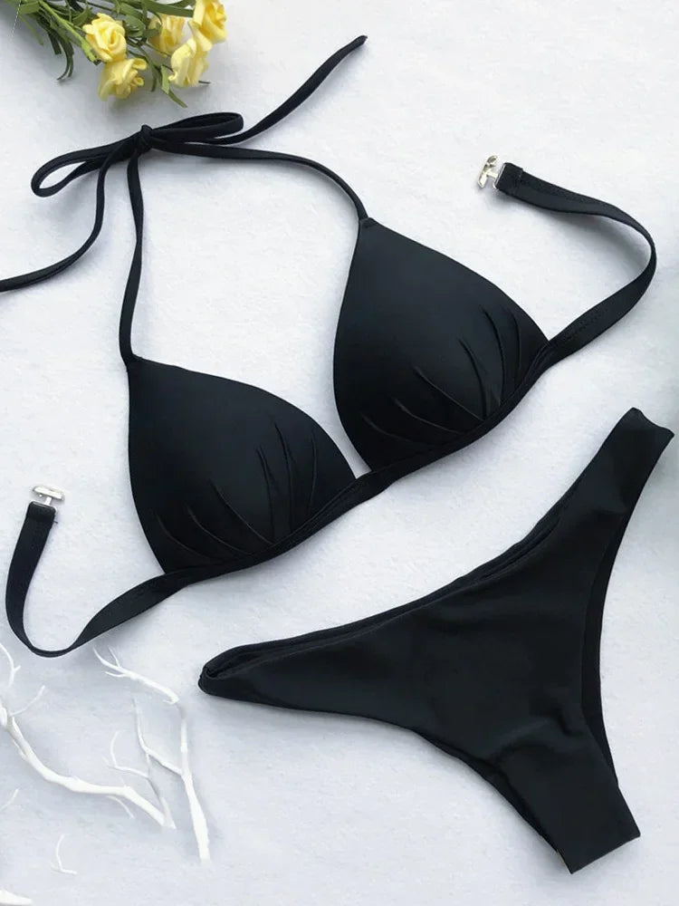 Halter Bra Cup Bikini Swimsuit Female White Swimwear Women Push up Bikini set Brazilian Bathing Suit Bandeau Swim suit