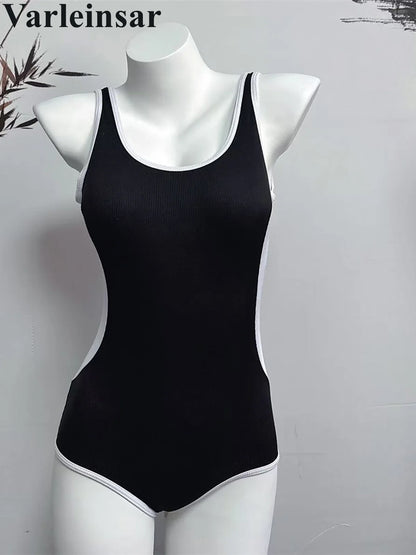 Long Sleeve Cover Up Splicing One Piece Swimsuit Women Swimwear Female Ribbed Backless Bather Bathing Suit Swim