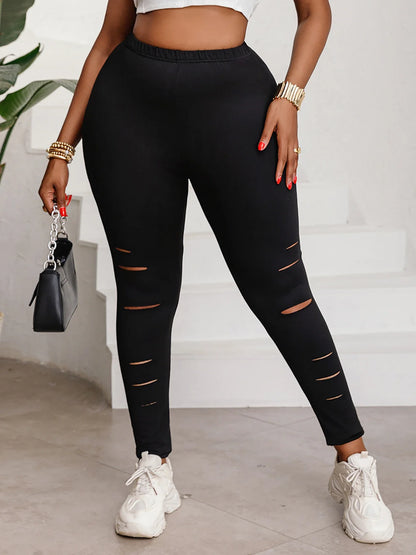 Plus Size Women's Leggings Trendy Faux Cut-Out Stripe Design Comfortable High-Elasticity Knit Pants Solid Color Base Trousers