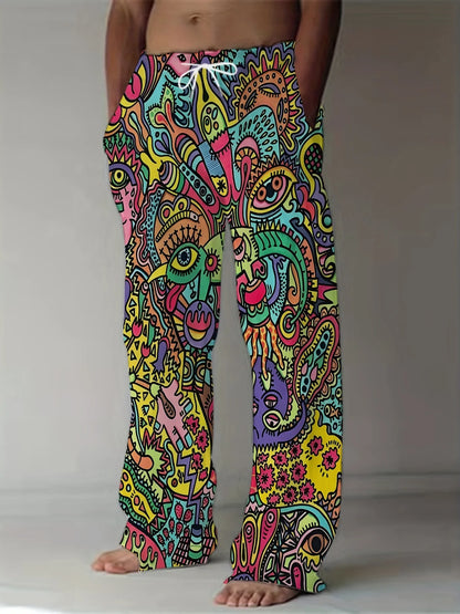 Men's Pants Summer Holiday Street Beach Pants Drawstring Pocket Casual Pants Abstract Texture Printed Men's Pants