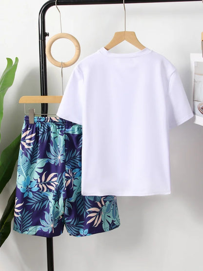 Boy Kids Swimsuit Solid Leaves Print Short Sleeve Children Swimwear Summer Two Piece Beach Shorts Bathing Suit Swimming