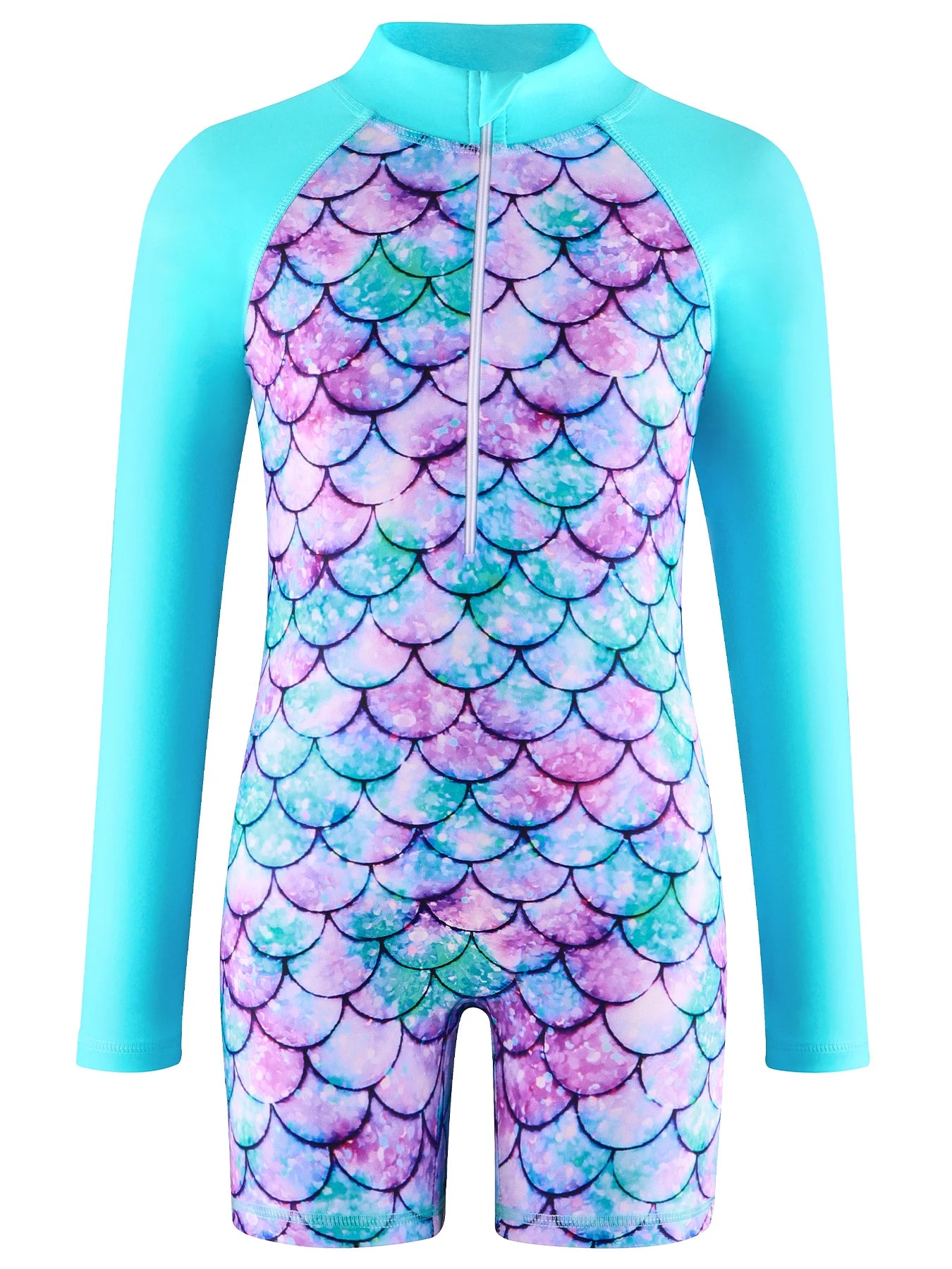Boyleg Shorts Swimwear Kids Girl Long Raglan Sleeve Swimming Suit Kids Scale Print Ombre Dyeing Color Zipper Beach Swimsuit