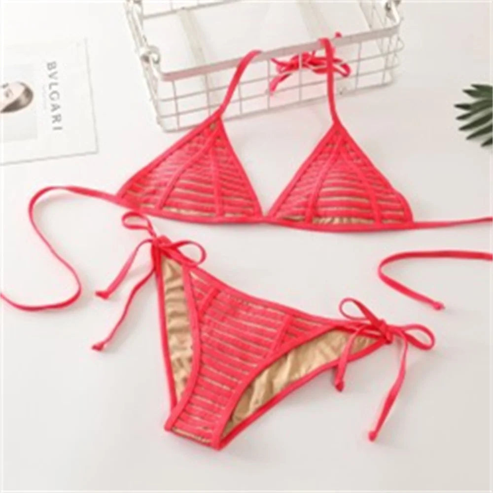 Grid String Bikini Backless Micro Swimsuit Swimwear Women Trend Design Two Piece Triangle Beach Thong Bathing Suit