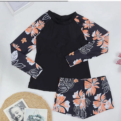 Printed Swimsuit Women's Long Sleeve Split Swimsuit Conservative Sporty Bikini Sunblock Tight Swimwear Tankini