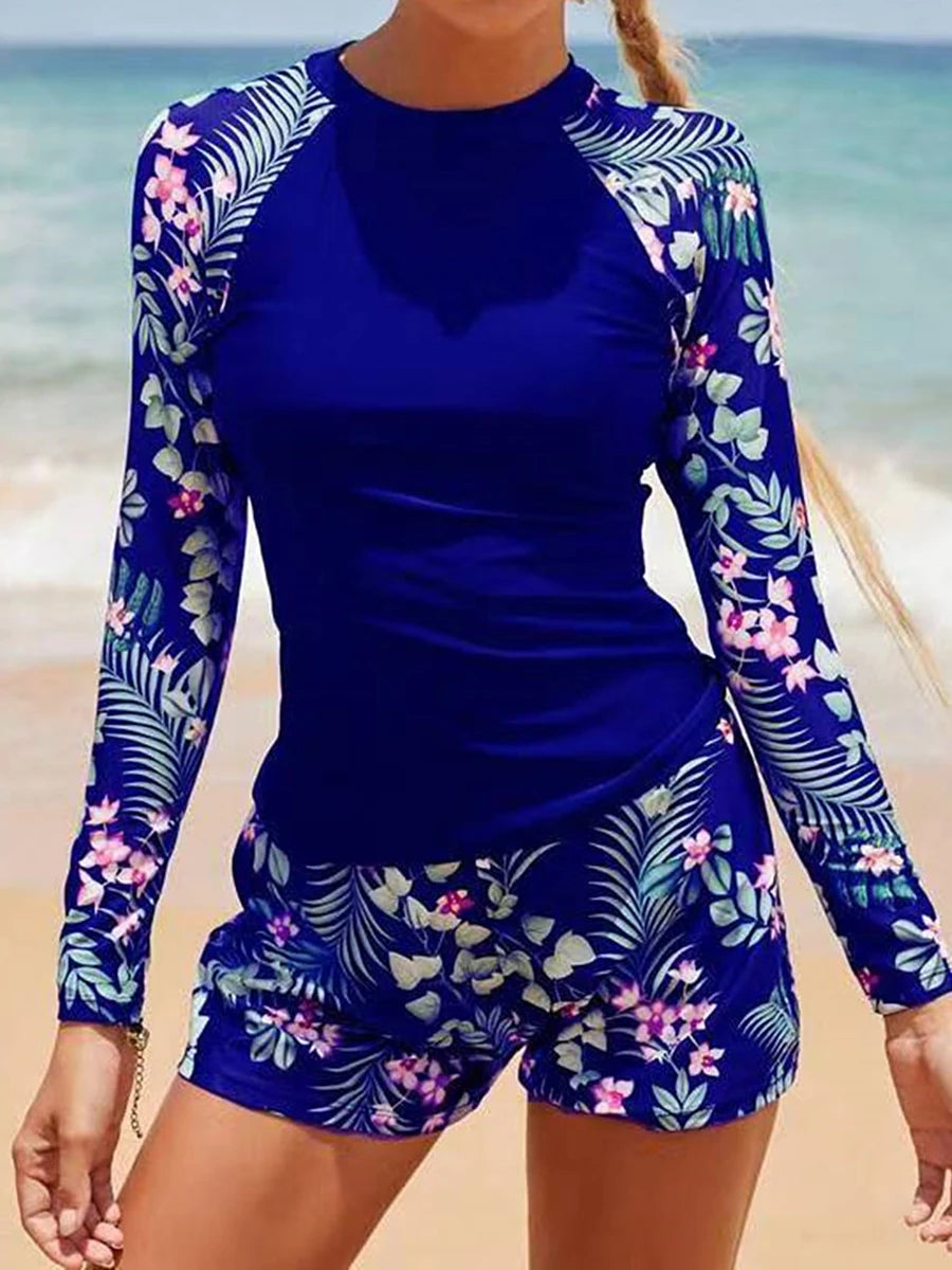 Long Sleeve Surfing Swimsuit Print Swimwear Women Two Pieces Diving Clothes Beachwear Bathing Swimming Swim Suit