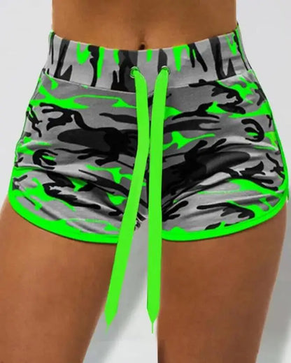 Women's Shorts Fashion Camouflage Printing Drawcord High Waist Shorts Casual Sports Pants Fitness Jogging Shorts
