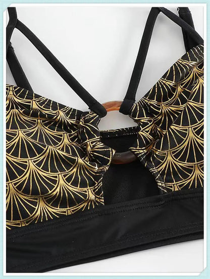 Metallic Stitch Strap Bikini  Women Push Up Gold print Swimsuit Female High Waist Swimwear Bathers Bathing Suit Beachwear
