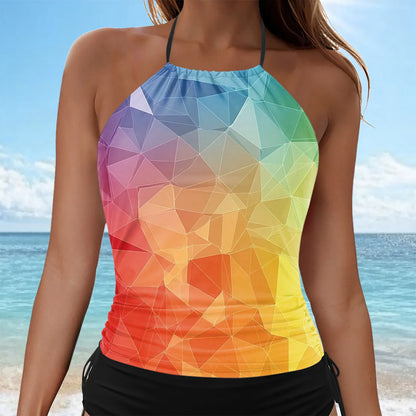 Women's Vintage Print Swimsuit Tankini Set Hanging Neck Slim Fit Suspender Tops Mid Waist Side Drawstring Bathing Suits Shorts