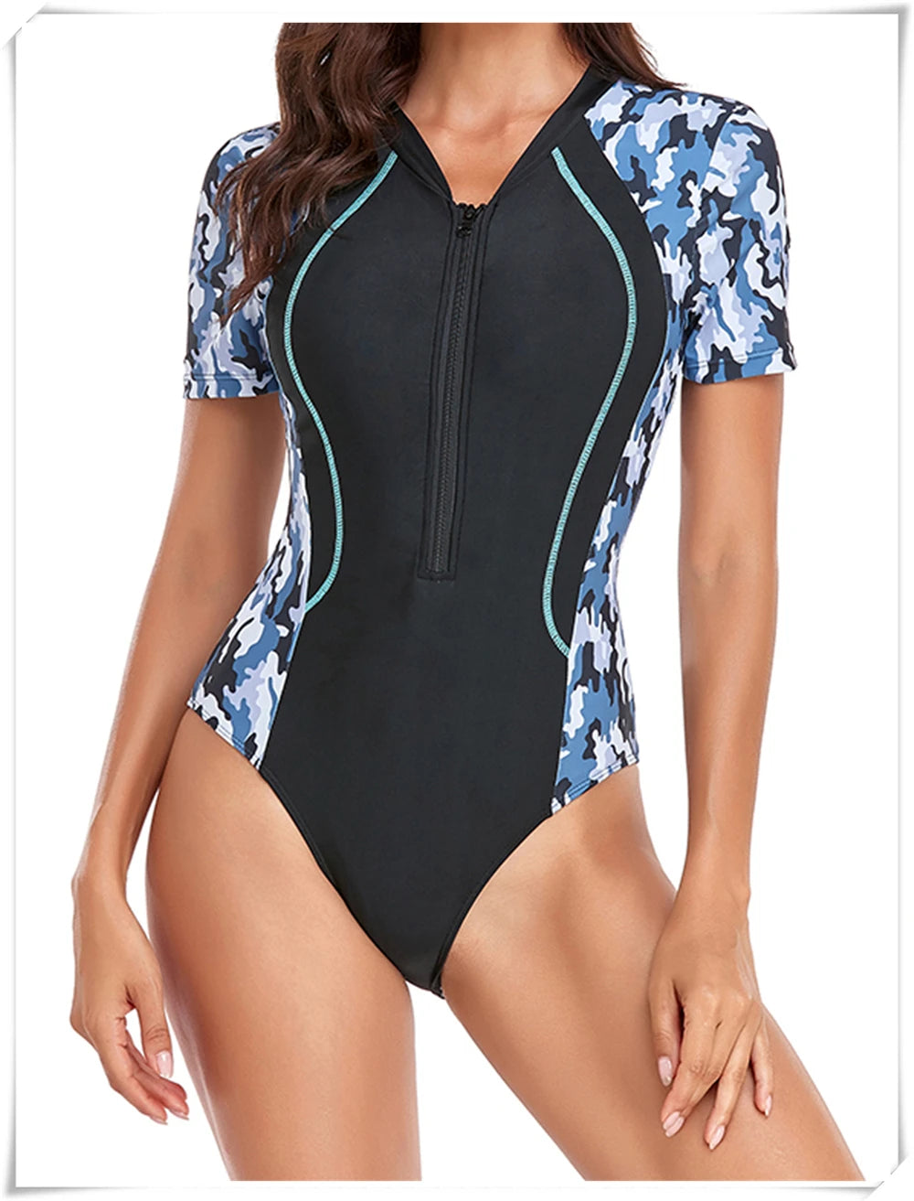 Short Sleeve Zipper One Piece Swimsuit Zebra Print Swimwear Women Diving Clothes Surfing Beachwear Bathing Swimming Suit