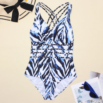 Women Printed One Piece Swimwear Backless Swimsuit V Neck Summer Beach Wear Slimming Bathing Suit S~XXL