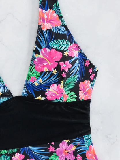 Strappy Printed Swimsuit Women One Piece Plunging Stitch Swimwear Female Bathers Bodysuit Bathing Swimming Suit Beachwear