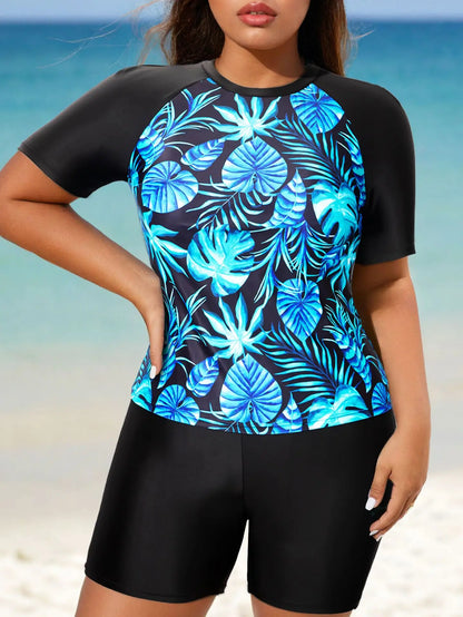 Plus Size Print Two Piece Women Beach Swimsuit Female Surfing Suit High Waist Boyshort Swimwear