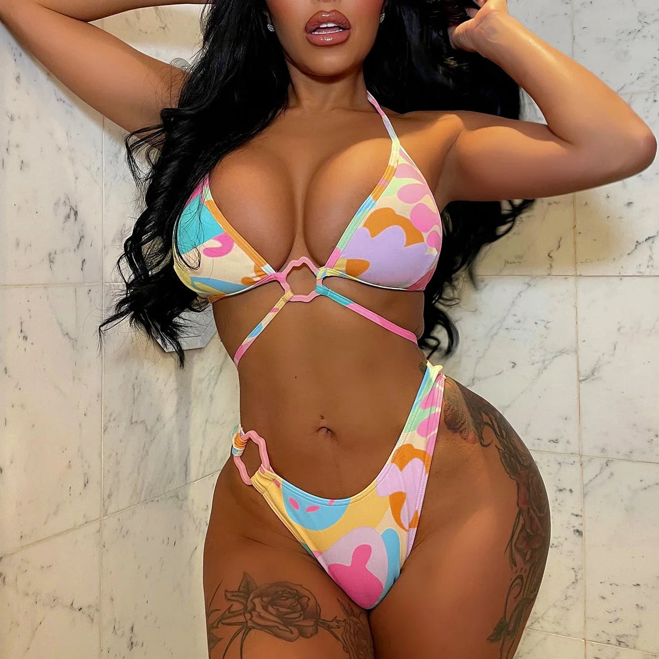 Bikini Multicolor Print Halter High Waist Swimwear Swimsuit Women Bikinis Set Bathing Suit Beach Bikini Female