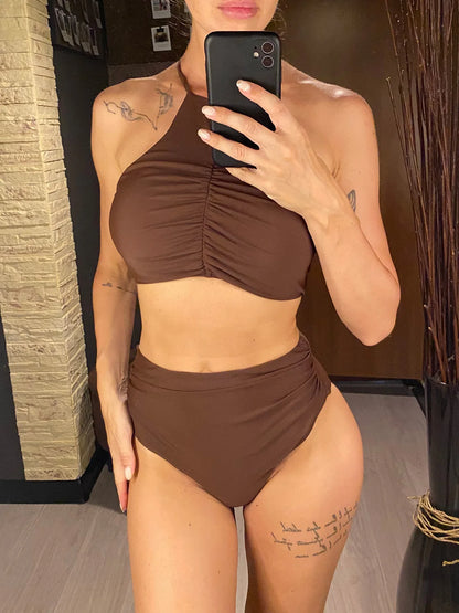 Halter Wrinkled High Neck Female Swimsuit High Waist Bikini Women Swimwear Two-pieces Bikini set Bather Bathing Suit Swim