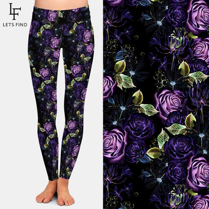 Beautiful Purple Rose Print High Waist Fitness Leggings Fashion Soft Fitness Stretch Leggings