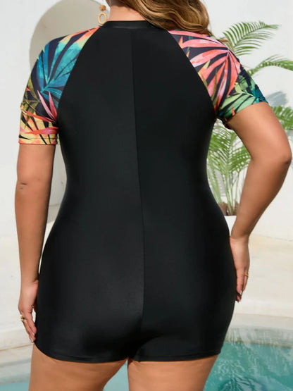 Lady Short Sleeve Plus Size Swimwear Women Zipper Large One Piece Swimsuit Black Patchwork Beach Curvy Bathing Suit